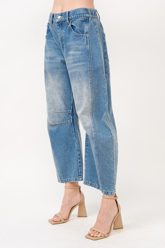 Curve cut barrel jeans